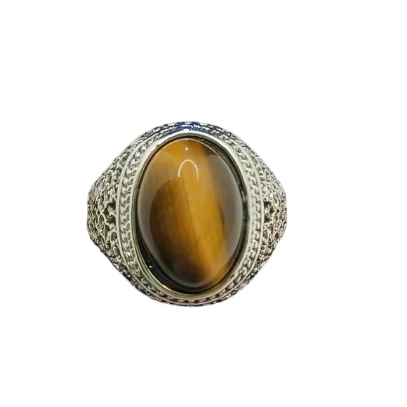 Brown Stone and Cut Metal Silver Oval Ring - Picture 6 of 7